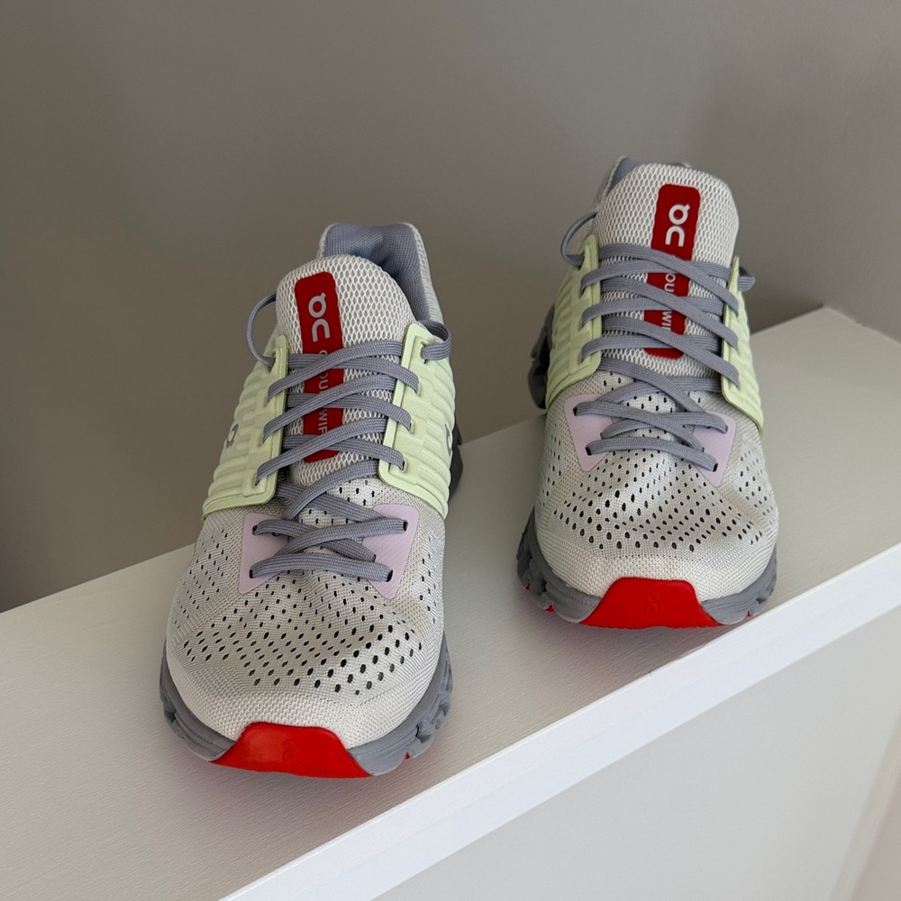 ON Running Gray, Green, and Red Sneakers